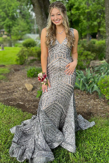 Red Sparkly Deep V Neck Sequin Mermaid Formal Dress