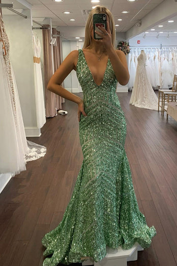 Orange Sparkly Deep V Neck Sequin Mermaid Formal Dress