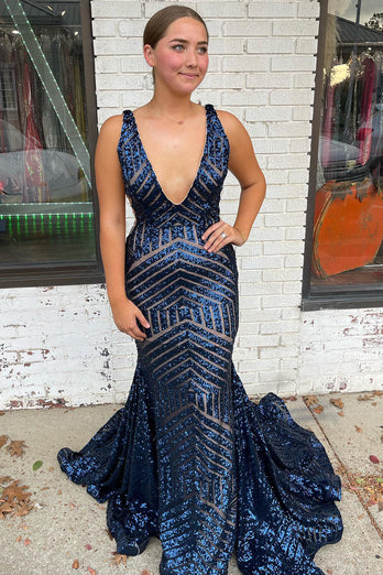 Sparkly Blue Deep V-Neck Mermaid Formal Dress