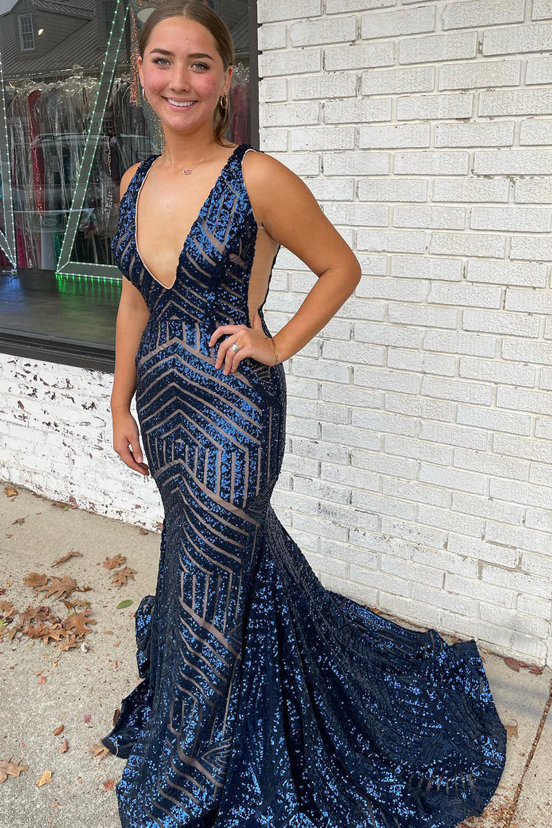 Load image into Gallery viewer, Sparkly Blue Deep V-Neck Mermaid Formal Dress