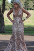 Load image into Gallery viewer, Orange Sparkly Deep V Neck Sequin Mermaid Formal Dress