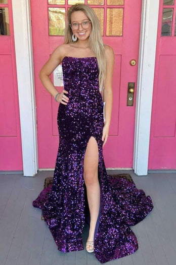 Black Strapless Sequins Formal Dress with Slit