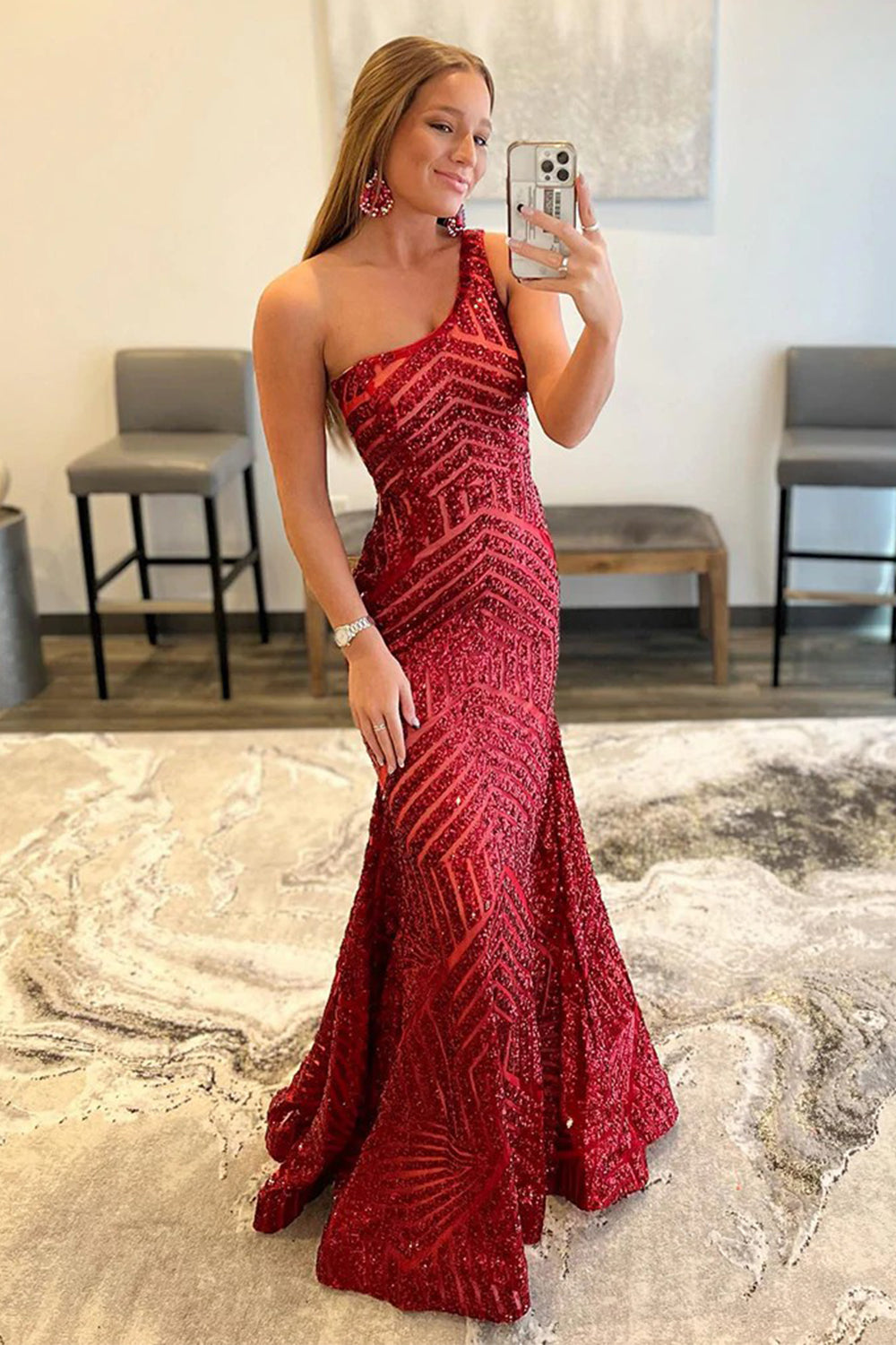 Dark Red One Shoulder Sequined Mermaid Formal Dress