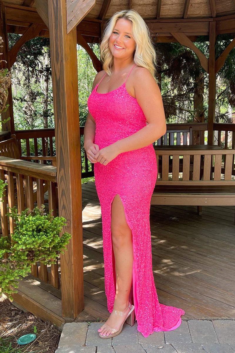 Load image into Gallery viewer, Mermaid Glitter Sequins Sexy Hot Pink Backless Long Formal Dress