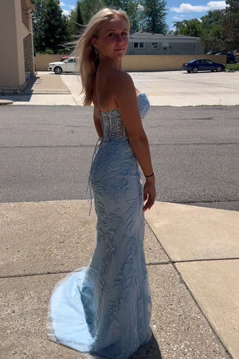 Light Blue Sweetheart Lace-Up Long Mermaid Formal Dress with Appliques