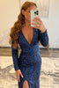 Load image into Gallery viewer, Mermaid Glitter Navy Sequins Mesh Evening Dress Backless Formal Dress