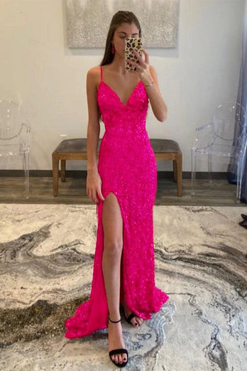 Hot Pink Sequins Glitter Formal Dress with Slit