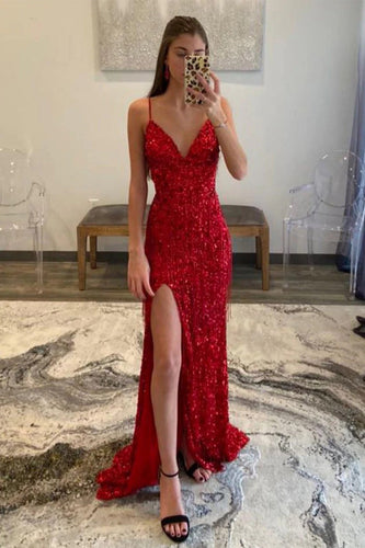 Red Sequins Glitter Formal Dress with Slit