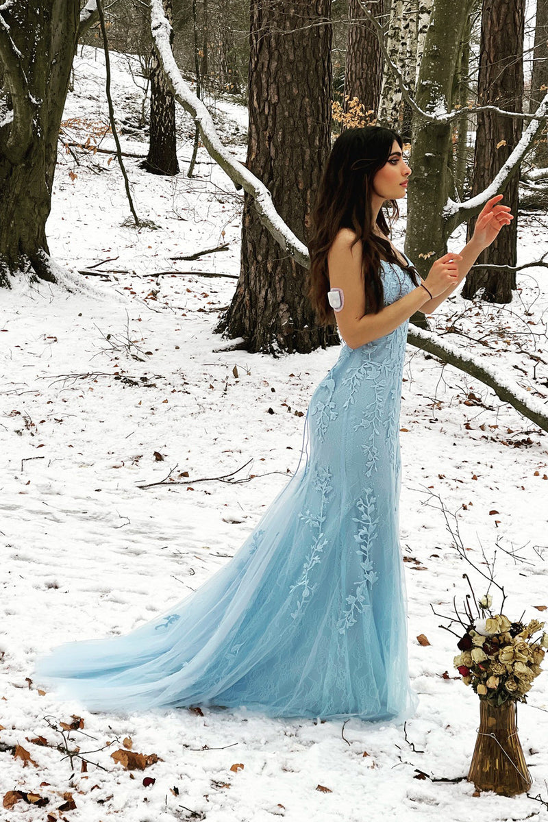 Load image into Gallery viewer, Blue Mermaid Tulle Backless Long Formal Dress with Lace