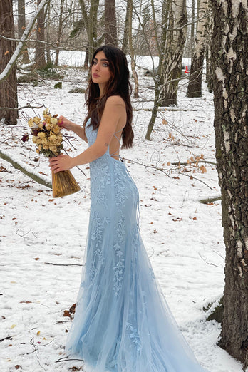 Blue Mermaid Tulle Backless Long Formal Dress with Lace