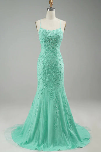 Mint Spaghetti Straps Appliques Formal Dress