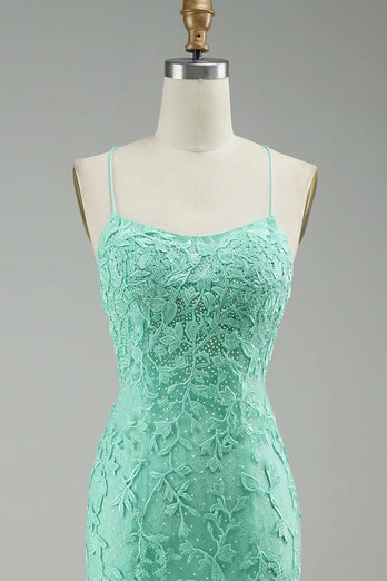 Mint Spaghetti Straps Appliques Formal Dress