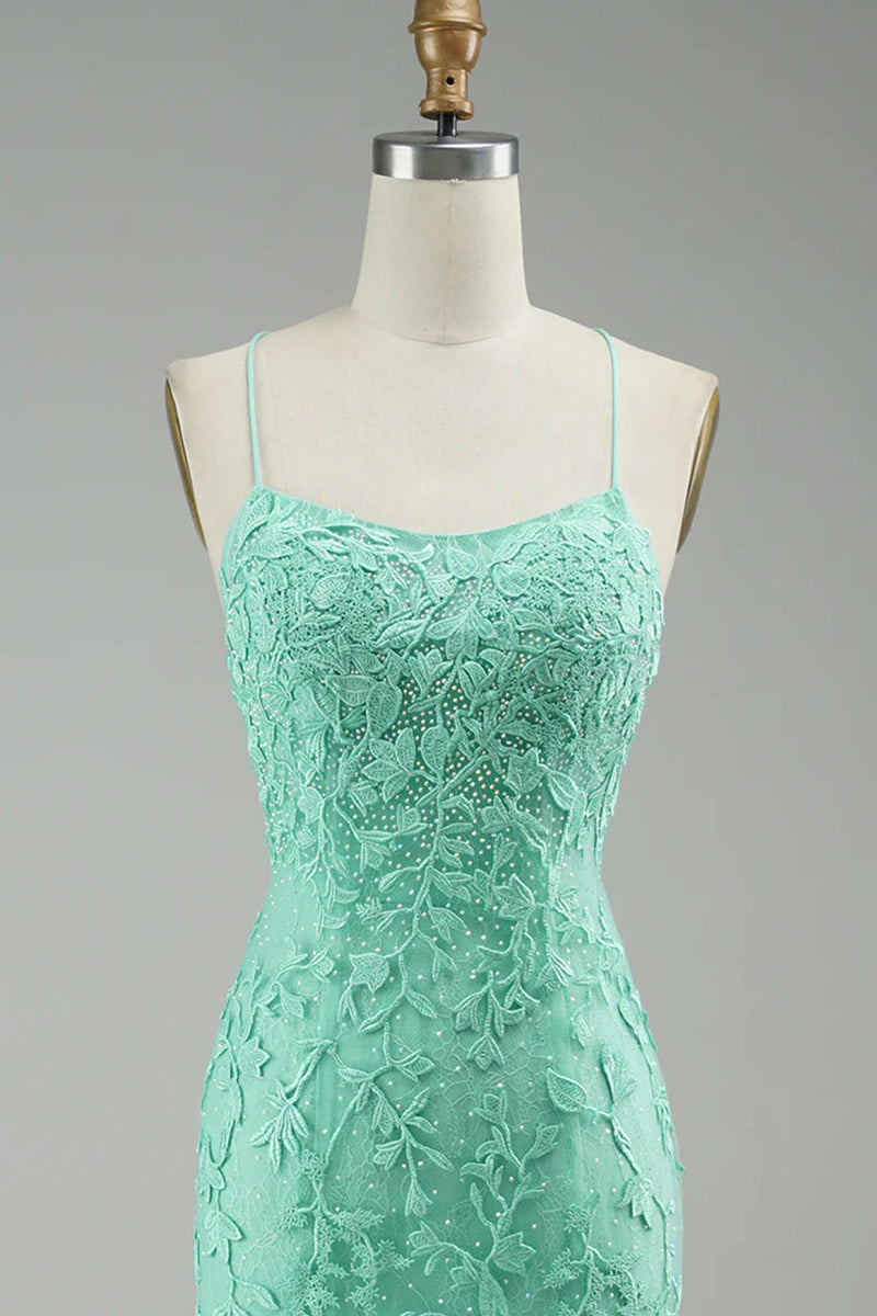 Load image into Gallery viewer, Mint Spaghetti Straps Appliques Formal Dress