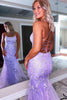 Load image into Gallery viewer, Blue Mermaid Tulle Backless Long Formal Dress with Lace