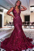 Load image into Gallery viewer, Red Sparkly Deep V Neck Sequin Mermaid Formal Dress