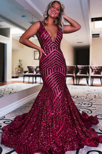 Red Sparkly Deep V Neck Sequin Mermaid Formal Dress