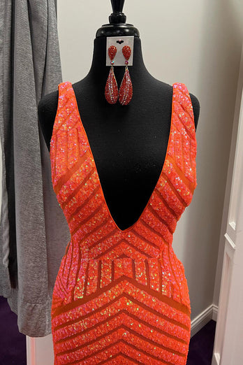 Orange Sparkly Deep V Neck Sequin Mermaid Formal Dress