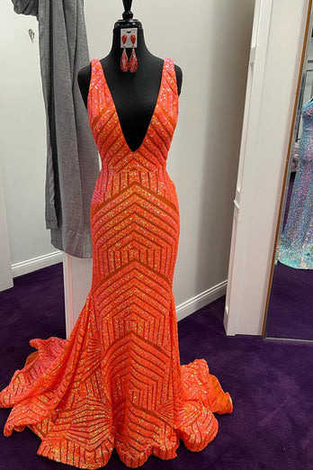 Orange Sparkly Deep V Neck Sequin Mermaid Formal Dress