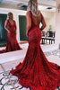 Load image into Gallery viewer, Orange Sparkly Deep V Neck Sequin Mermaid Formal Dress