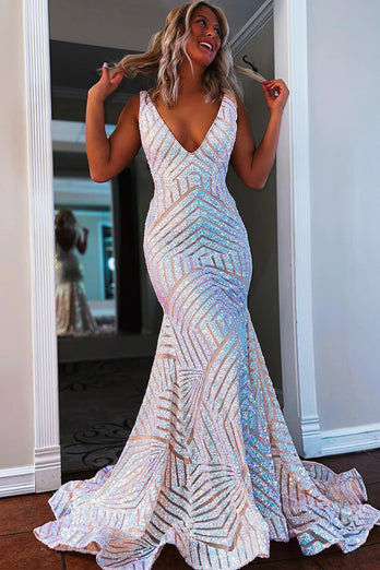 Orange Sparkly Deep V Neck Sequin Mermaid Formal Dress