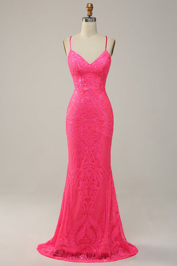 Sparkly Mermaid Backless Hot Pink Sequins Long Formal Dress