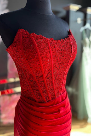 Sparkly Red Sheath Corset Long Formal Dress with Lace