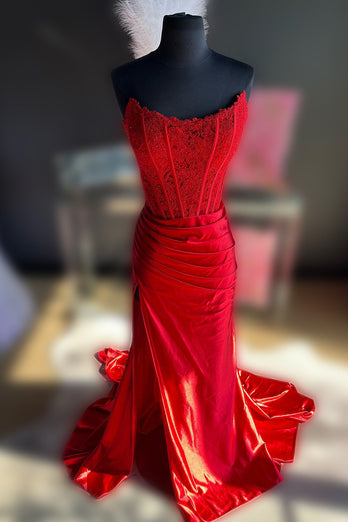 Sparkly Red Sheath Corset Long Formal Dress with Lace