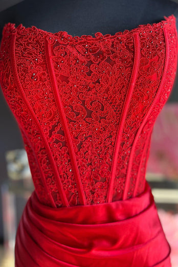 Sparkly Red Sheath Corset Long Formal Dress with Lace