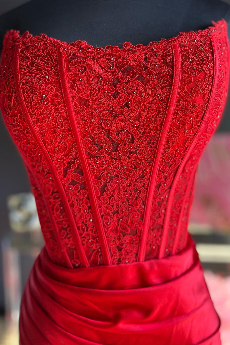 Load image into Gallery viewer, Sparkly Red Sheath Corset Long Formal Dress with Lace