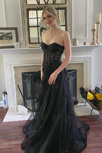 Black Corset A-Line Tulle Long Formal Dress with Lace