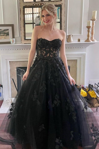 Black Corset A-Line Tulle Long Formal Dress with Lace