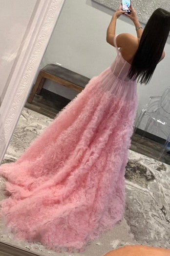 Pink Corset Off the Shoulder Long Formal Dress with Ruffles