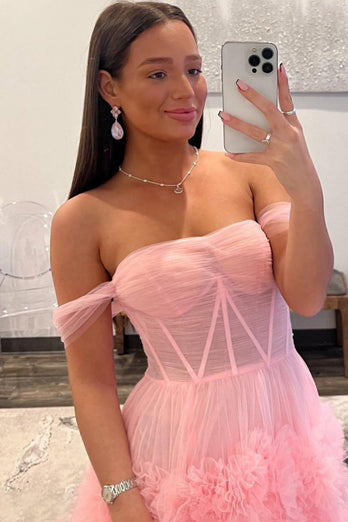 Pink Corset Off the Shoulder Long Formal Dress with Ruffles