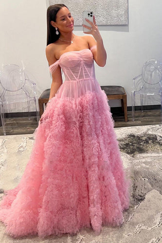 Pink Corset Off the Shoulder Long Formal Dress with Ruffles