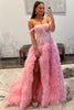 Load image into Gallery viewer, Pink Corset Off the Shoulder Long Formal Dress with Ruffles