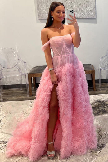 Pink Corset Off the Shoulder Long Formal Dress with Ruffles