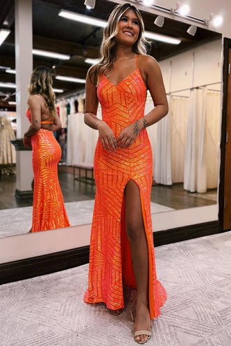 Sparkly Orange Open Back Sequins Long Formal Dress with Slit