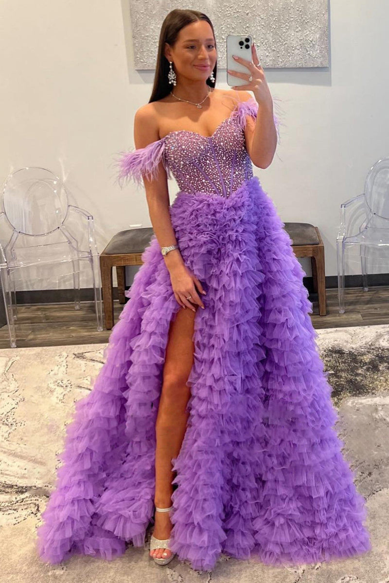 Load image into Gallery viewer, Sparkly Purple Beaded Long Formal Dress with Ruffles