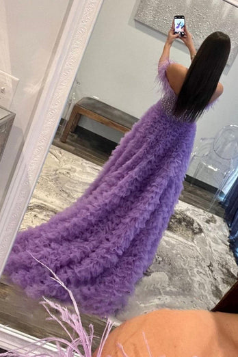 Sparkly Purple Beaded Long Formal Dress with Ruffles