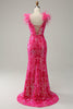 Load image into Gallery viewer, Sparkly Orange Sequins Off the Shoulder Mermaid Long Formal Dress with Feathers