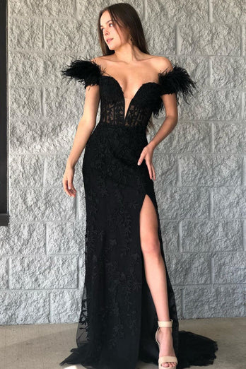 Black Mermaid Lace Long Formal Dress with Feathers