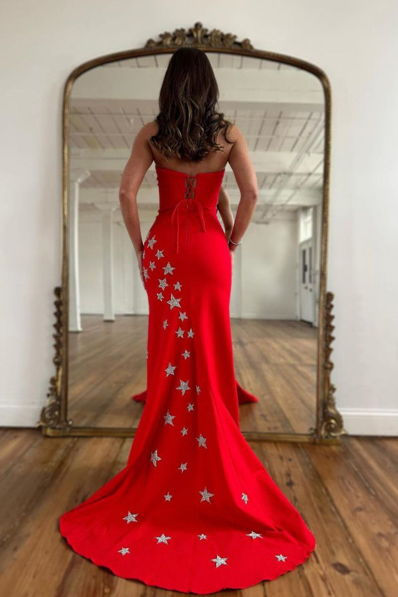 Load image into Gallery viewer, Red Strapless Mermaid Long Formal Dress with Stars