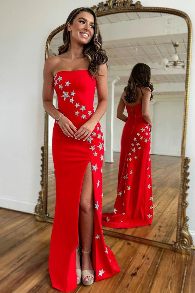 Load image into Gallery viewer, Red Strapless Mermaid Long Formal Dress with Stars