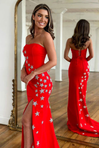 Red Strapless Mermaid Long Formal Dress with Stars