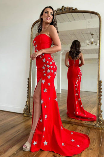 Red Strapless Mermaid Long Formal Dress with Stars