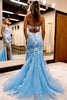 Load image into Gallery viewer, Blue Open Back Mermaid Lace Formal Dress with Slit