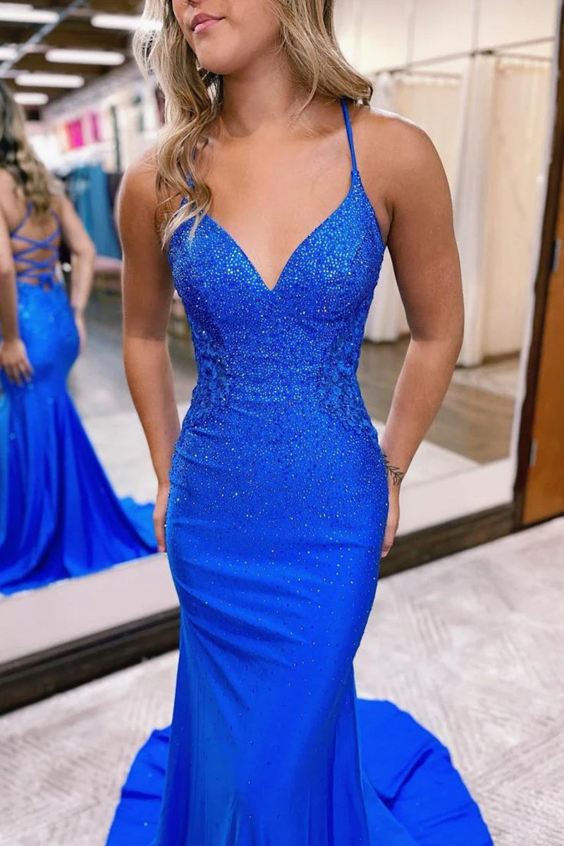 Load image into Gallery viewer, Sparkly Mermaid Royal Blue Beaded Long Formal Dress with Appliques
