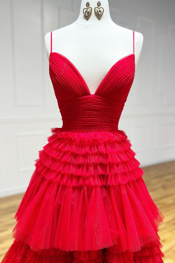 Red Tulle Spaghetti Straps Long Formal Dress