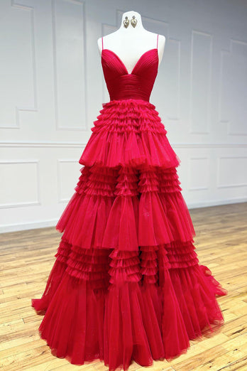 Red Tulle Spaghetti Straps Long Formal Dress