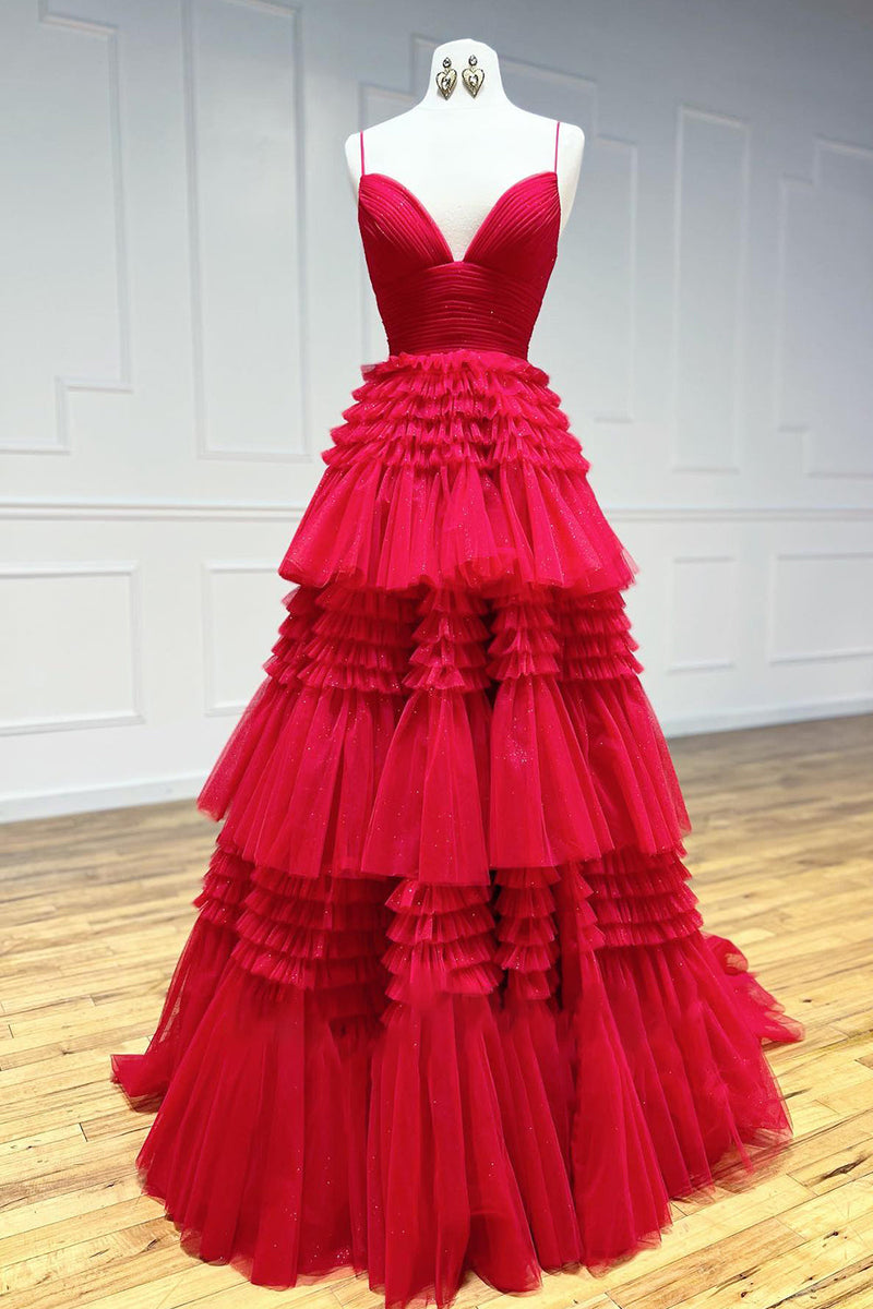 Load image into Gallery viewer, Red Tulle Spaghetti Straps Long Formal Dress